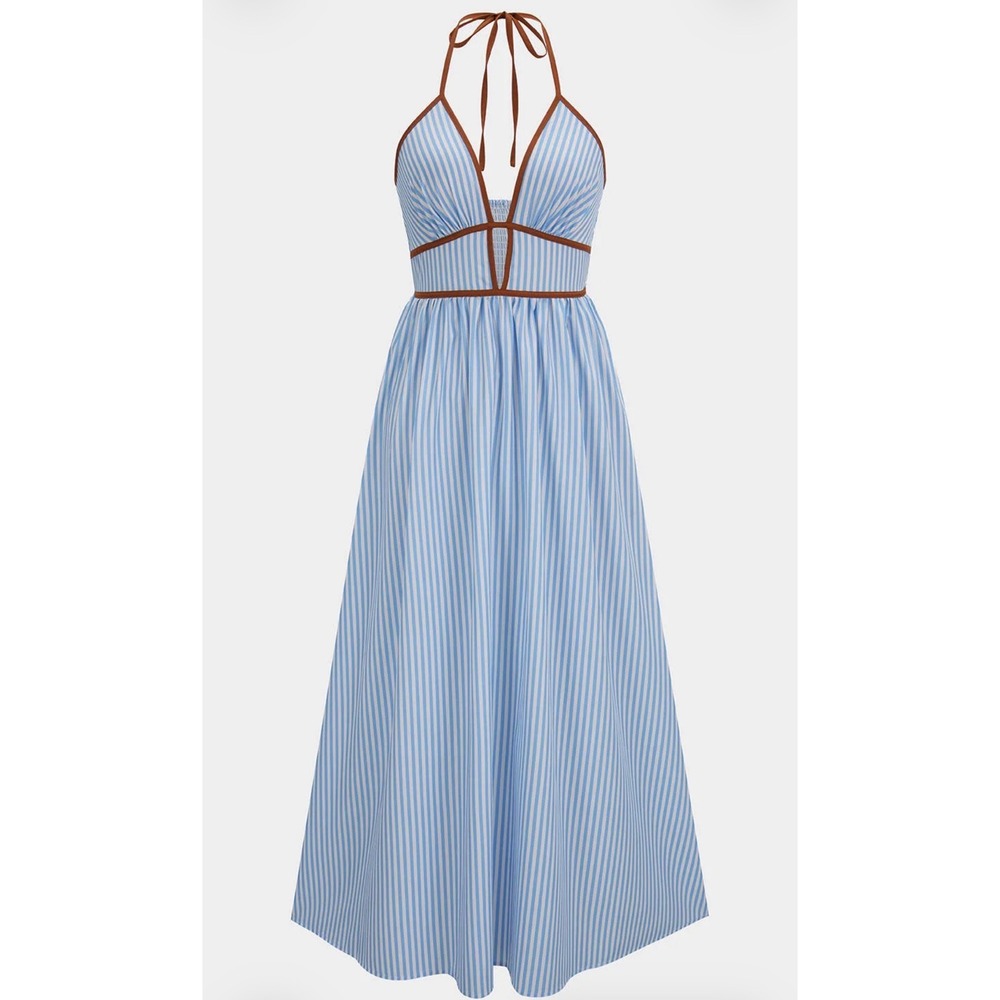 Micas Blue Contrast Stripe V-Neck Halter Sleeveless Maxi Dress Small